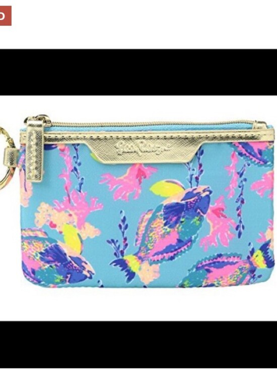 Lilly Pulitzer Handbags - Lilly Pulitzer Blue Tropical Print Id Card Wristlet with Gold Trim Sandstorm